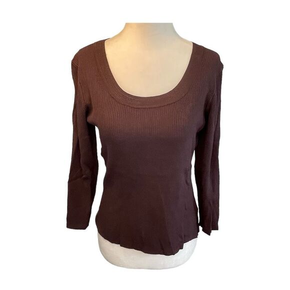 Worthington Ribbed Knit Top Chocolate Brown Scoop Neck 3/4 Length Sleeves M - Picture 1 of 5